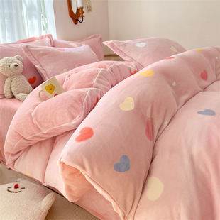 Ins Fresh Milk Velvet Four-piece Set Thickened Warm Flannel fleece-lined Bed Sheet Quilt Cover Three-piece Set Bed Cover