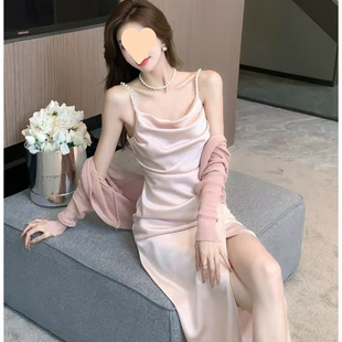 Pearl Shoulder Strap Elegant Satin Slip Skirt Women's 2024 French Niche Pure Wish Slim-fit Slim-fit Dress