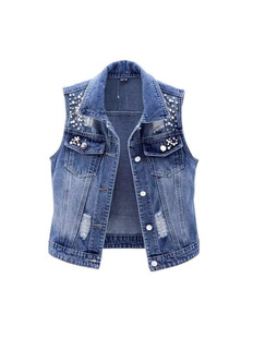 Amazon European and American New Denim Vest Women's Short Washed Ripped Beaded Sleeveless Jacket All-match Slim-fit Top