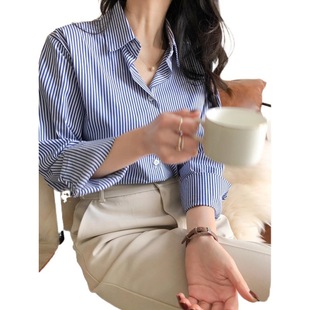 ACHU fashionable fine B- in-blue shirt women's blue and white vertical striped shirt niche professional wear commuter women's clothing