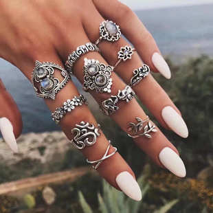 2021 cross-border new vintage diamond-encrusted animal ring creative metal leaves open bohemian ring for women