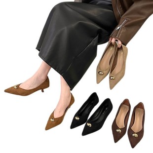 Internet Celebrity Fashionable Suede Shallow Mouth High Heels for Women 2025 New Style Elegant All-match Small Gold Bean Thin Heel Soft Sole Single-layer Shoes