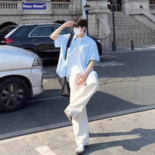 NASA Ice Silk Blue Short-sleeved Men's Sunny Men's Fashionable Wear Light Blue Seaside Wear Summer Thin Jacket