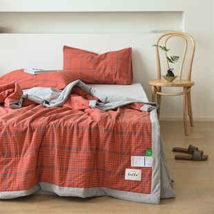 Cotton Yarn-dyed Washed Cotton Summer Cool Quilt Four-piece Set Cotton Plaid Air Conditioner Quilt Skin-friendly Bedding Machine Washable for Single and Double