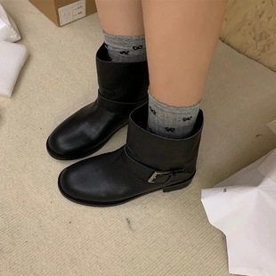 Korean Style Retro Belt Buckle Round Head Low Heel Short Boots Martin Boots Women's Autumn and Winter Wide Chelsea Thin Boots