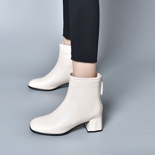 Genuine leather short boots for women 2024 autumn and winter New chunky heel square toe Martin boots low heel fashion cotton boots Red mom wedding shoes