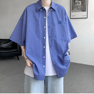 American Style Retro Lazy Style Loose Blue Plaid Shirt Men's Summer Thin Trendy Brand Short-sleeved All-match Casual Shirt