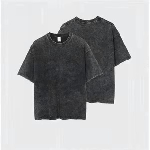 230g Wash Water Old Black 100% Cotton Retro Men's and Women's Empty Light Edition Back Bag Collar Wash Water Loose Short Sleeve T-shirt