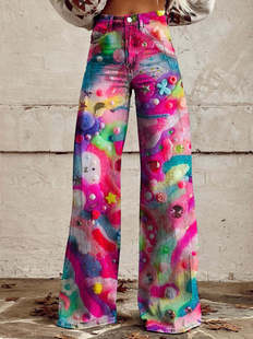 New ladies flared pants cross-border high waist Korean elegant imitation denim fashion leopard print digital printing