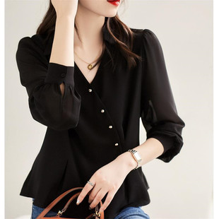 V-Neck Silk Long-Sleeved Shirt Women's Design Sense Niche Spring and Autumn Acetic Acid Satin Top Professional Elegant White Shirt