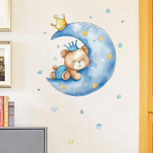 PH-QT672 Amazon Moon Star Sleeping Bear Children's Room Sticker Living Room Bedroom Decoration Self Adhesive Wall Sticker