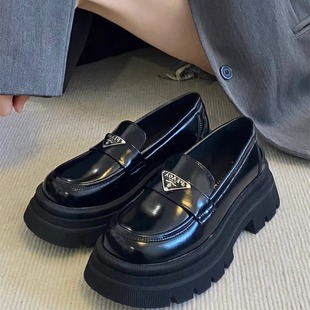 Spring 2025 New Triangle Mark Round Head Loafers Women's Thick Bottom Increased Slip-on Small Leather Shoes Black Trendy Single-layer Shoes