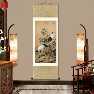 Famous Antique Painting Lang Shining Double Crane Picture Flat Peach Pine Crane Yannian Crane Hanging Painting Silk Clockwork