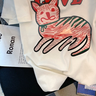 Cotton Collar Cartoon Kitten Printed Short-sleeved T-shirt Women's Summer Loose Mid-length White Casual Mid-sleeved T-shirt