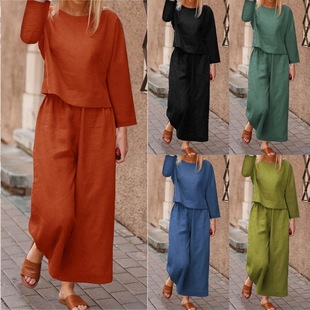 2024 Autumn and Winter New Women's Wide Leg Pants suit Cross-border Foreign Trade Solid Color Casual Elegant Two-piece Set for Women