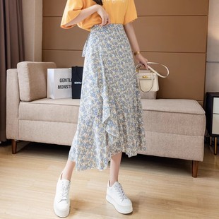 One-Piece Chiffon Skirt 2025 New Summer Style Lace-Up Hip-Hugging Ruffled Wrap Skirt High-Waisted A-Line Floral Skirt