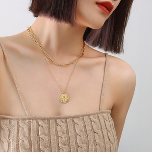 European and American Ins Cold Style Light Luxury Trendy Angel Boy Double Layer Necklace Titanium Steel Plated 18K True Gold Necklace Jewelry for Women