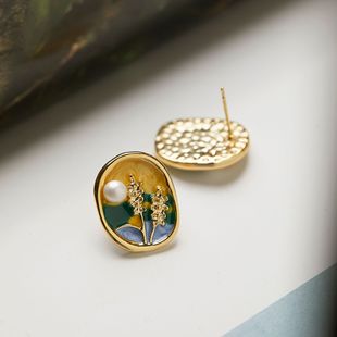 [Rice Flower Fragrance] Vintage Oil Painting Enamel Glaze Painted Earrings Niche Light Luxury Freshwater Pearl Ear Clip Mosquito Incense Plate