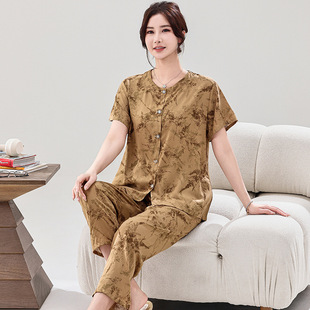 25 New Middle-aged and Old Mother Pajamas Short-sleeved Trousers Full-length Cotton Silk Home Clothes Floral Buttoned Cardigan suit