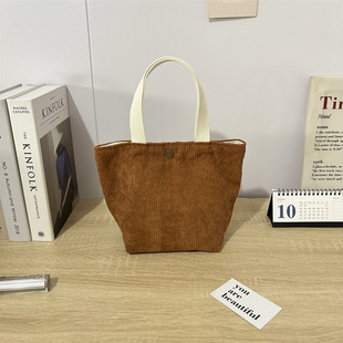 Vintage Simple Candy Color Corduroy Hand Bag Lunch Box Bag Girl's Portable Cosmetic Bag Large Capacity Canvas Small Bag
