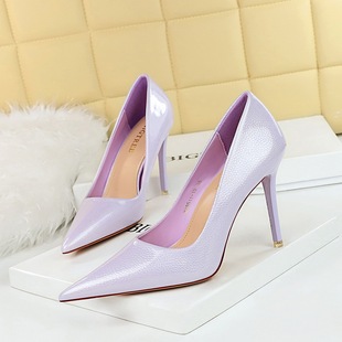 9511-21 European and American banquet simple high heel stiletto heel ultra high heel shallow mouth pointed crystal patent leather single-layer shoes women's shoes