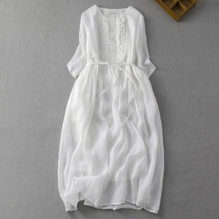 Artistic Retro Ramie Crewneck Double-layer Fairy Style Lace-up Waist Mid-length Travel dress Women's Thin for Spring and Summer