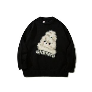 YWFG men's autumn and winter New knitwear couple tassel national fashion all-match cartoon dog loose round neck men's sweater