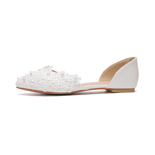 New Flat Lace Mesh High Heel Sandals Dinner Ball Bridal Wedding Dress Shoot Sandals Hollow Pointed Flat