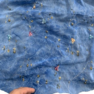 New Chiffon Tie-Dye Wrinkle Embroidery Small Rose Embroidery Fabric Tea Sen dress Fabric Sea Blue