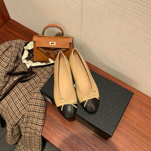 New casual Chanel style bow color matching shallow mouth cowhide single-layer shoes women's flat round toe ballet shoes milk shoes