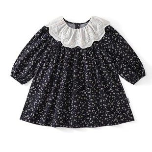 Girl's Retro Style Floral Long Sleeve dress Spring and Autumn Jacquard Lapel Mori Style Princess Dress 2025 New Style