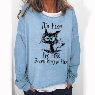 European and American Black Cat English Pattern Sweater Women's Amazon wish Hot Sale Cross-border Crewneck Long Sleeve Pullover Top