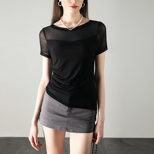 Soft Mesh Top Spring and Autumn New Niche Design Sense Tight Waist Slim-fit Long-sleeved Micro-transparent Small Shirt