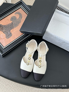 2025 Summer New Mary Jane Shoes Women's Flat Chanel Style Metal Button Camellia Color-block Ballet Shoes