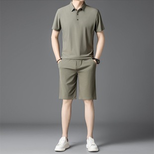 Men's Cam Ammonia Light Business Summer High-end Casual suit Traceless Ice Silk Polo Shirt Middle-aged Pants Two-piece Set Sports