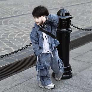 Boys' 2024 Summer New Children's Loose Fashion Casual Retro Tooling Jeans Two-Piece Trendy Set for Children
