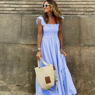 European and American independent station Amazon summer temperament women's collage plaid sling elastic large dress