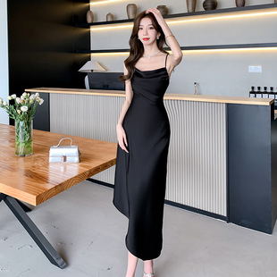 Champagne Color Satin Swing Collar Sling dress Women's Summer French High-grade Sexy Backless Sour Vinegar Evening Dress