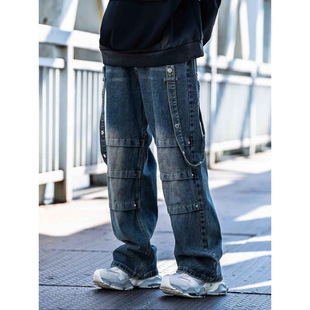 Cross-border European and American high street vibe pants jeans American straight stitching splash ink micro-pull pants men's a generation of hair
