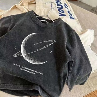 Boys' Vintage Wash Dressed Long-sleeved T-shirt Cotton Small and Medium-sized Children's Baby's Fat Handsome Foreign-looking Boy's Fried Street Top