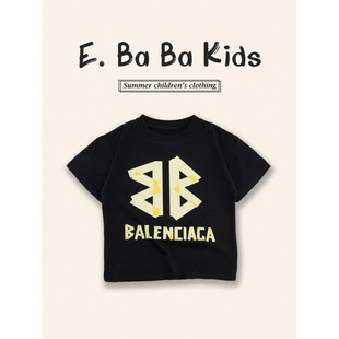 25 Summer New Trendy Brand Letter Printed T-shirt for Children Korean Loose Mountain View Short-sleeved Top for Boys and Girls and Primary School Students