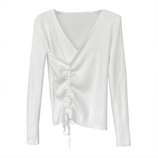 Orange Zhi 2024 Autumn and Winter New Korean V-neck Drawstring Irregular Hem Slim Niche Long Sleeve Top 913