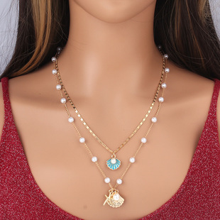 European and American cross-border jewelry ocean wind metal starfish shell necklace suit design imitation pearl chain necklace