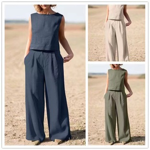 Plus Size WoMen's SuMMer Round Neck Navy Blue Sleeveless Short Top Pants Cotton and Linen Fashion Two-piece Suit M-4XL