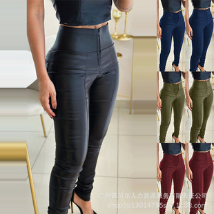 ODS5355 Amazon European and American women's clothing European and American cross-border zipper elastic waist tight elastic PU pants