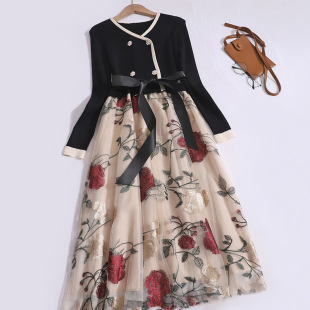 729-2 solid color large flower mesh dress