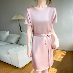 French Style Elegant Silky dress Women's Fashionable Summer Round Neck Design Short Sleeve Acetic Acid Satin Draped Midi Dress