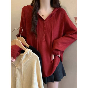 plus size Women's Hooded Lazy Mid-length Autumn New Loose Chubby Red New Year Age-reducing Base Shirt Top