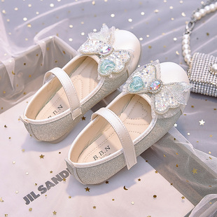 Girls' Single-layer Shoes 2024 Spring and Autumn New Korean Style Girl's Stylish Rhinestone Bow Soft-soled All-match Princess Shoes