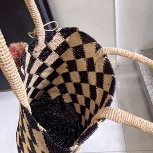 Summer New Checkerboard Raffia Tote Bag Ladies Fashion Versatile Beach Travel Bag Retro Shoulder Bucket Bag
